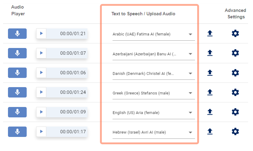 Screenshot of the voice settings screen on QR Translator
