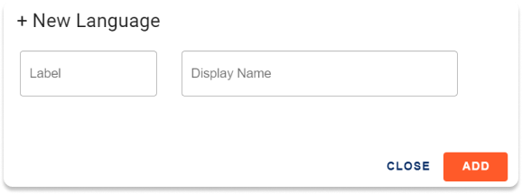 Screenshot of the New Custom Language dialog with input fields for the label and display name.