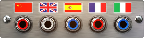 Five colorful headphone jacks with flags of different countries.