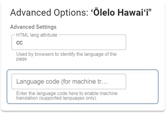 The Advanced Options dialog of a custom language.